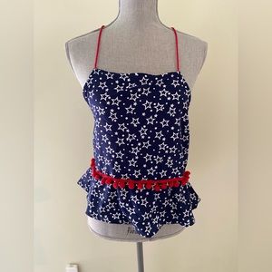 America & Beyond Red, White & Blue top with stars and Pom Pom fringe medium NWT